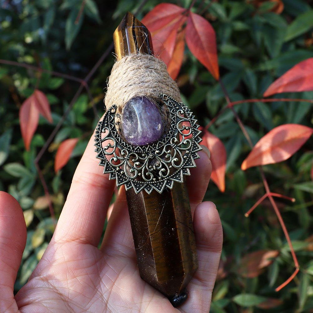 Olivenorma Natural Pointed Crystal Pillars Shaman Moon Crystal Wands - Tiger Eye&Amethyst - image 12
