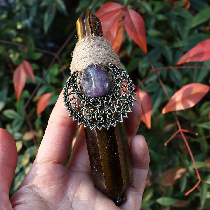 Olivenorma Natural Pointed Crystal Pillars Shaman Moon Crystal Wands - Tiger Eye&Amethyst - image 12