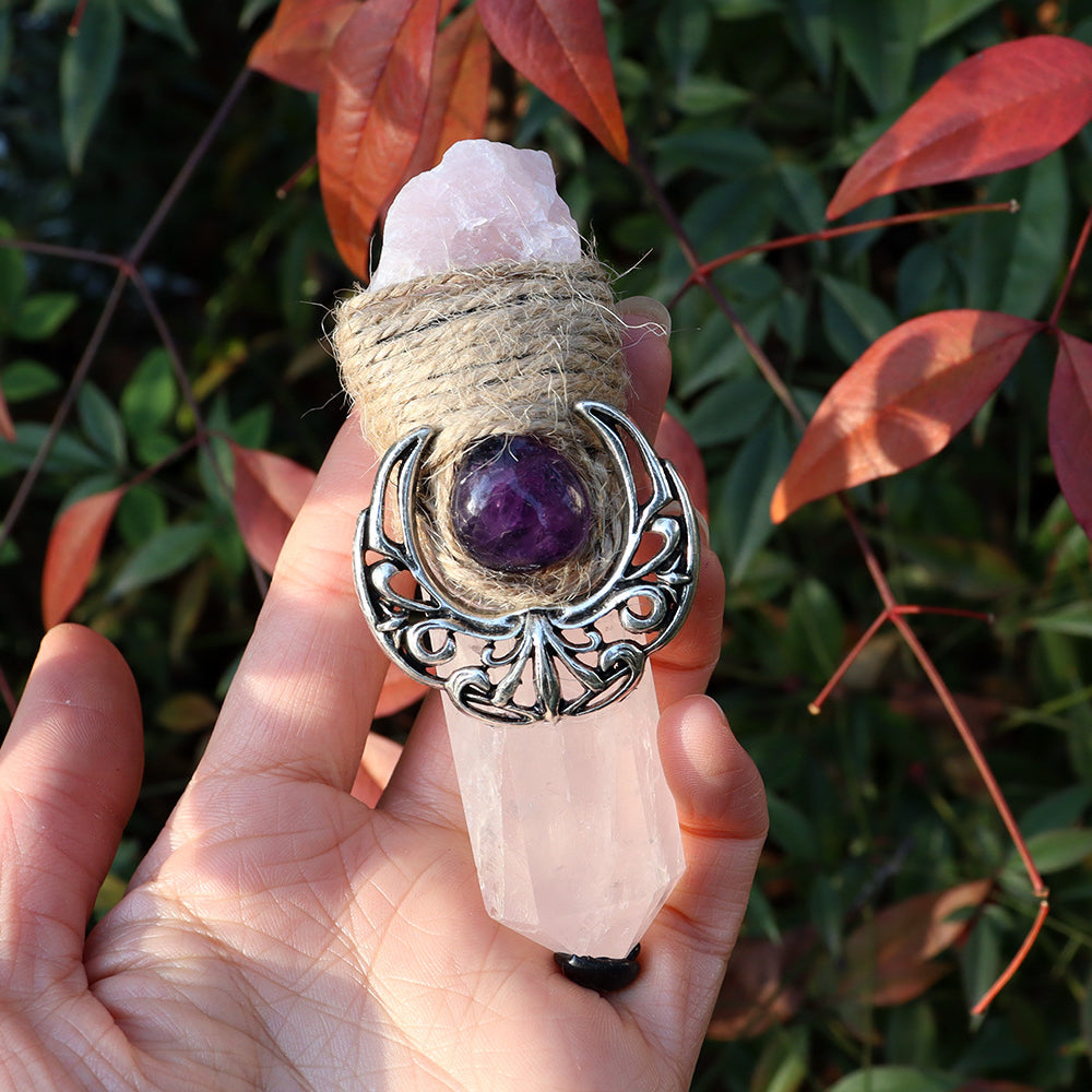 Olivenorma Natural Pointed Crystal Pillars Shaman Moon Crystal Wands - Rose Quartz&Amethyst - image 7
