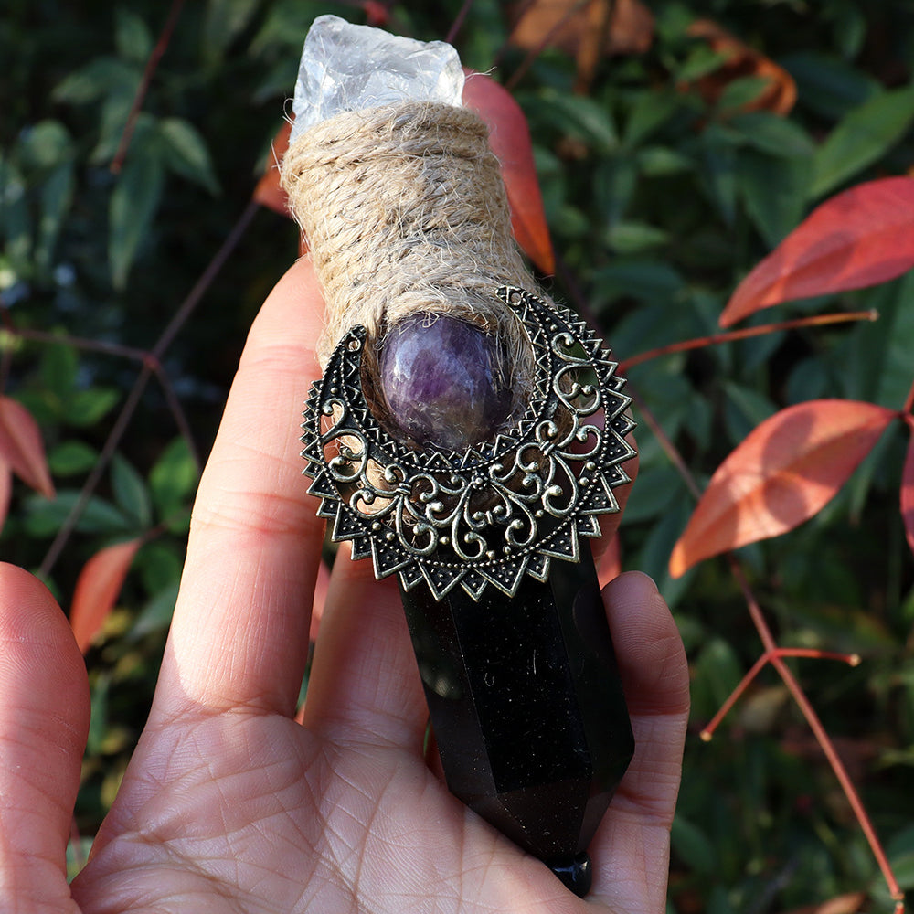 Olivenorma Natural Pointed Crystal Pillars Shaman Moon Crystal Wands - Clear Crystal&Obsidian&Amethyst - image 9