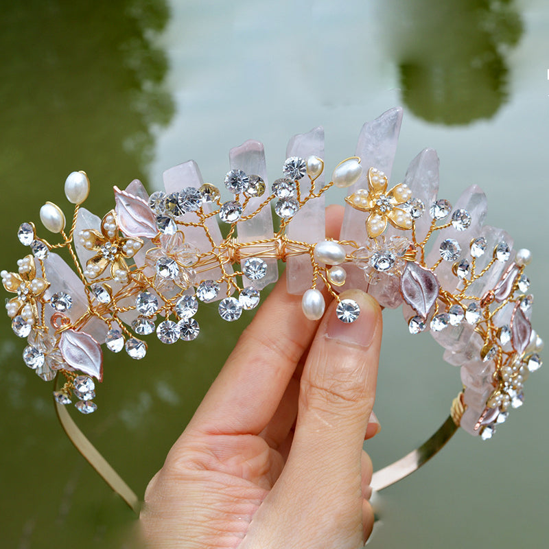 Olivenorma Handmade Flower Headband Natural Crystal Crown - Rose Quartz&Gold Wire Flower - image 1