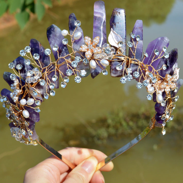 Olivenorma Handmade Flower Headband Natural Crystal Crown - Amethyst&Gold Wire Flower - image 4