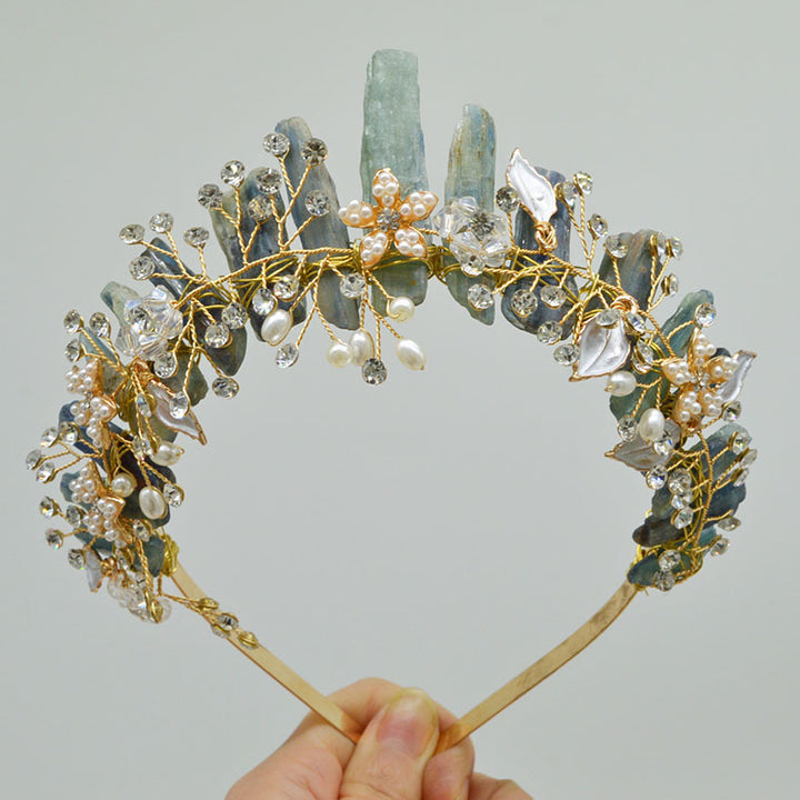 Olivenorma Handmade Flower Headband Natural Crystal Crown - Kyanite&Gold Wire Flower - image 8
