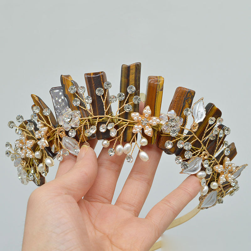 Olivenorma Handmade Flower Headband Natural Crystal Crown - Tiger Eye&Gold Wire Flower - image 10
