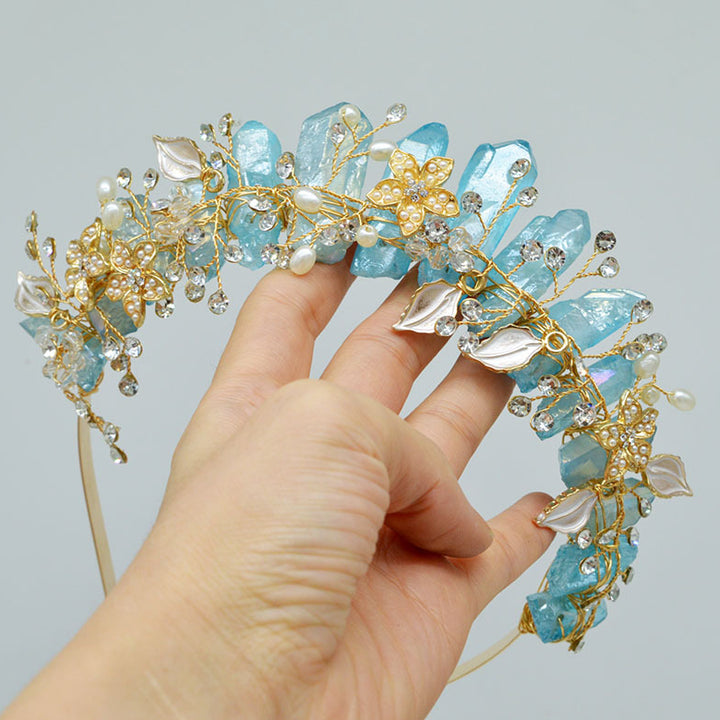 Olivenorma Handmade Flower Headband Natural Crystal Crown - Aquamarine&Gold Wire Flower - image 20
