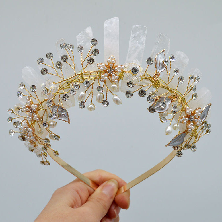 Olivenorma Handmade Flower Headband Natural Crystal Crown - Clear Crystal&Gold Wire Flower - image 23