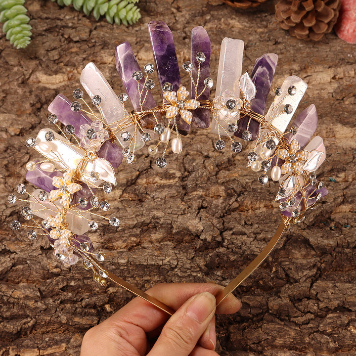 Olivenorma Handmade Flower Headband Natural Crystal Crown - Amethyst&Clear Crystal&Gold Wire Flower - image 7