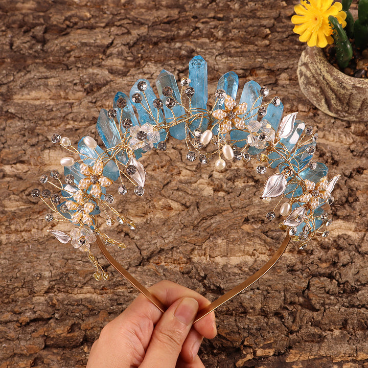 Olivenorma Handmade Flower Headband Natural Crystal Crown - Blue Quartz&Gold Wire Flower - image 21