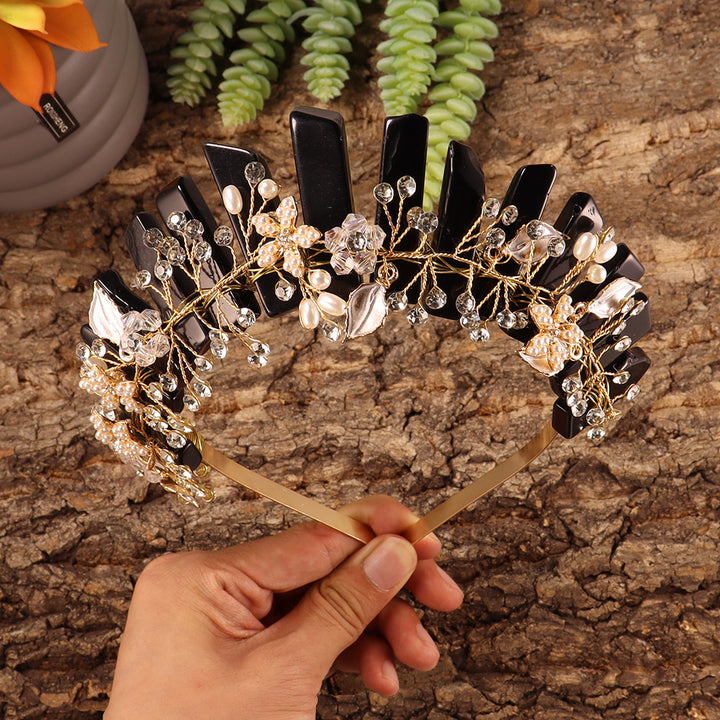 Olivenorma Handmade Flower Headband Natural Crystal Crown - Obsidian&Gold Wire Flower - image 14