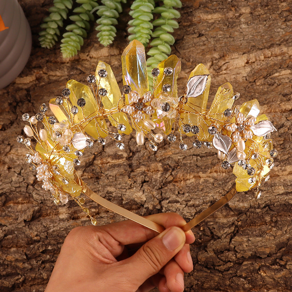 Olivenorma Handmade Flower Headband Natural Crystal Crown - Electroplated Yellow Crystal&Gold Wire Flower - image 18