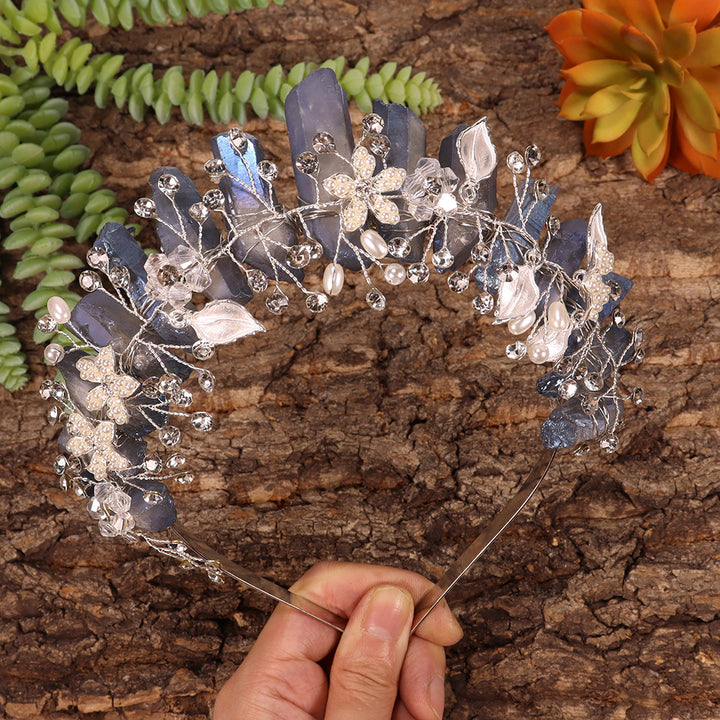 Olivenorma Handmade Flower Headband Natural Crystal Crown - Electroplated Gray Blue Crystal - image 43