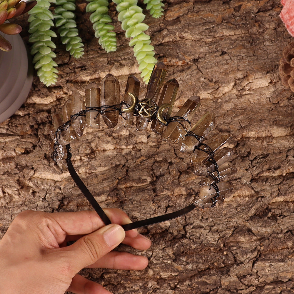 Olivenorma Natural Smoky Quartz Crystal Crown - Smoky Quartz&Bronze Small Double Moon Phase Pentagram - image 3