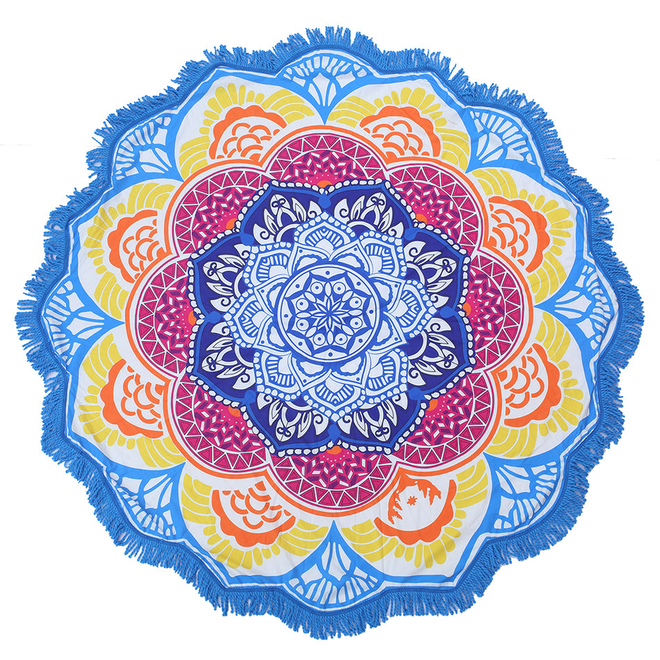 Olivenorma Polygonal Print Tassel Round Blanket Yoga Mat - Blue-Yellow - image 4