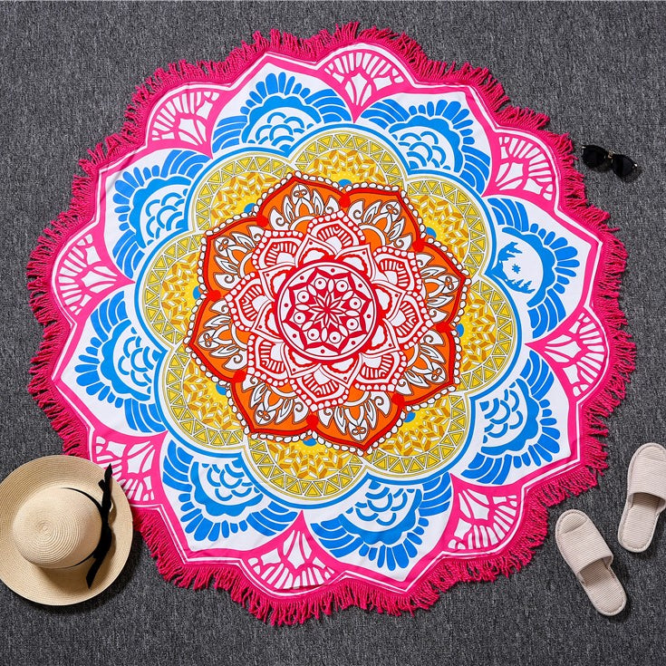 Olivenorma Polygonal Print Tassel Round Blanket Yoga Mat - Rose-Red - image 5
