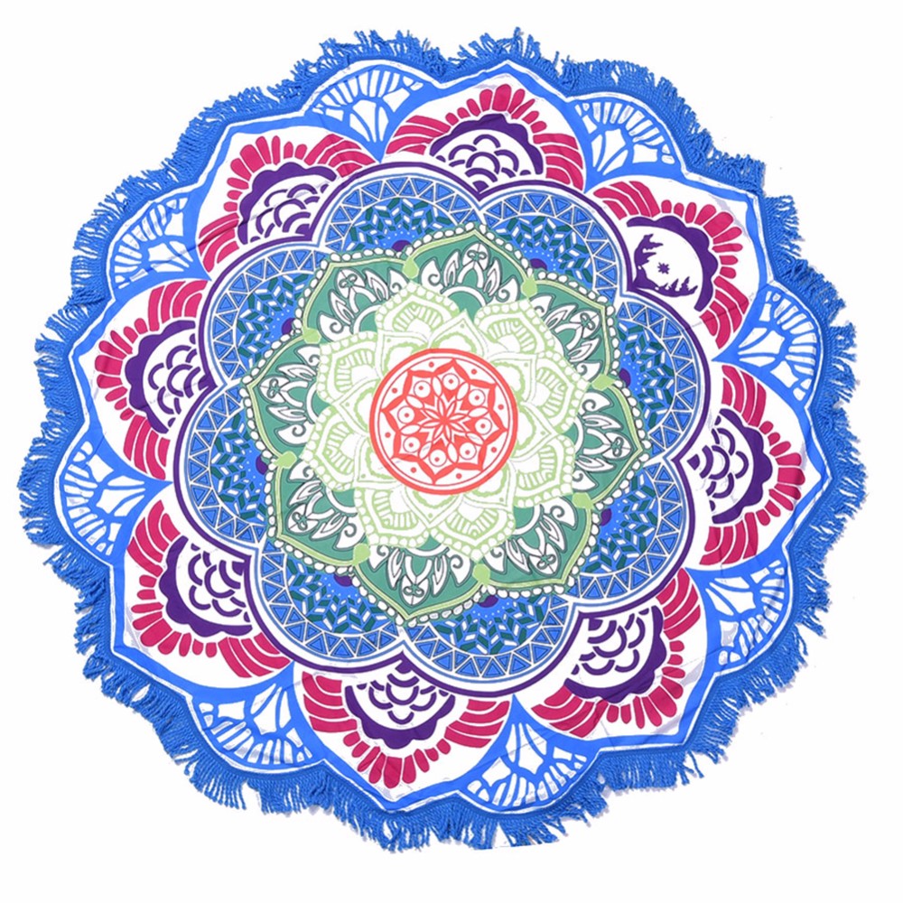 Olivenorma Polygonal Print Tassel Round Blanket Yoga Mat - Blue-Rose-Red - image 6