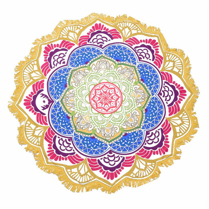 Olivenorma Polygonal Print Tassel Round Blanket Yoga Mat - Yellow-Rose-Red - image 7