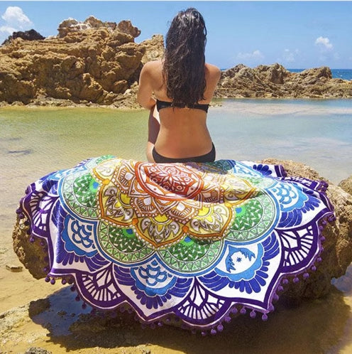 Olivenorma Polygonal Print Tassel Round Blanket Yoga Mat - Purple Hair Ball - image 8