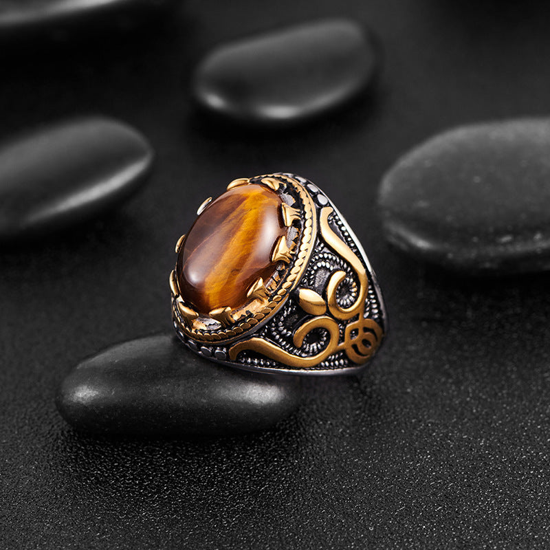 Olivenorma Trendy Vintage Men Oval Tiger Eye Ring - image 8