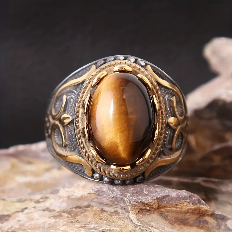 Olivenorma Trendy Vintage Men Oval Tiger Eye Ring - Golden - 13 - image 0