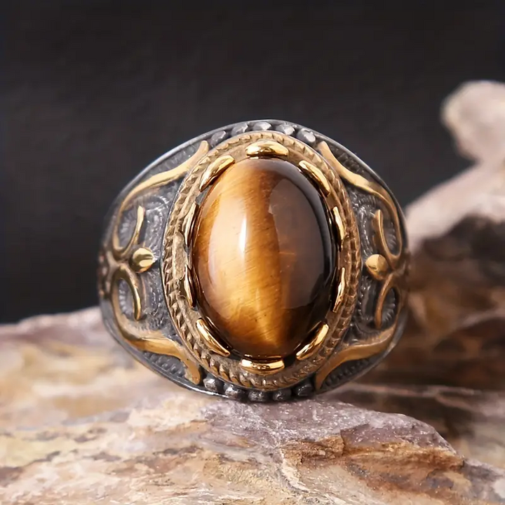 Olivenorma Trendy Vintage Men Oval Tiger Eye Ring - Golden - 13 - image 0
