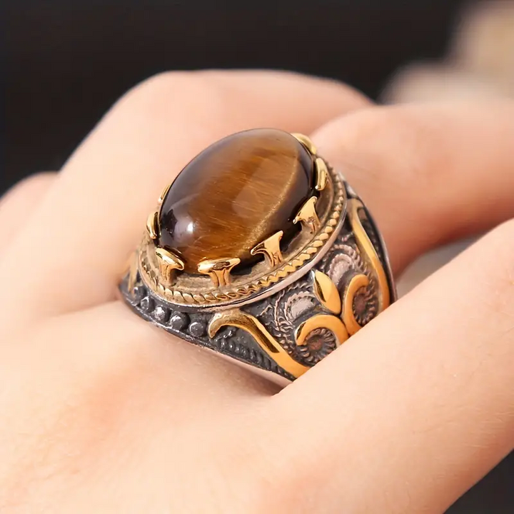 Olivenorma Trendy Vintage Men Oval Tiger Eye Ring - image 1