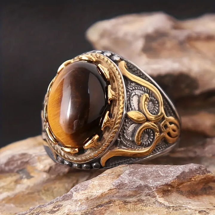 Olivenorma Trendy Vintage Men Oval Tiger Eye Ring - image 3