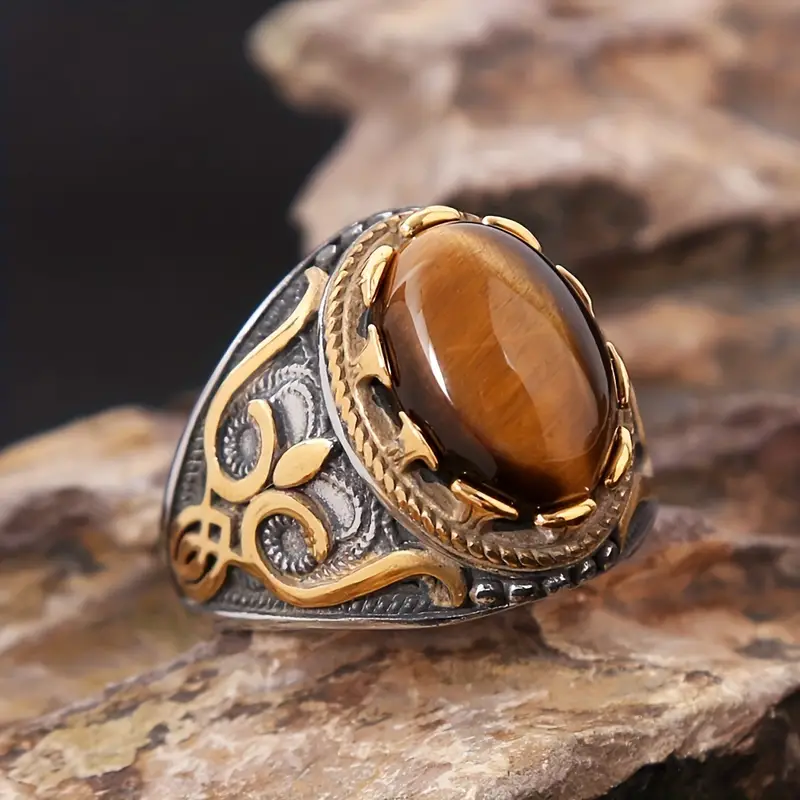 Olivenorma Trendy Vintage Men Oval Tiger Eye Ring - image 4