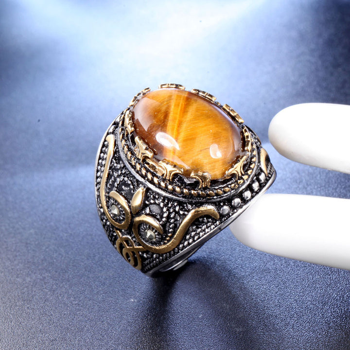 Olivenorma Trendy Vintage Men Oval Tiger Eye Ring - image 5