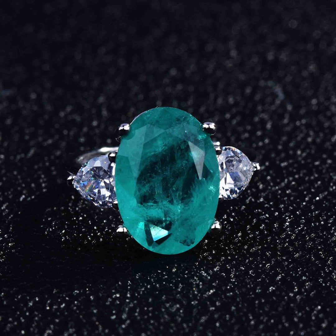 Olivenorma Various Paraiba Tourmaline Simulated Diamond Adjustable Ring - Oval Paraiba Tourmaline & Double Diamonds - image 9