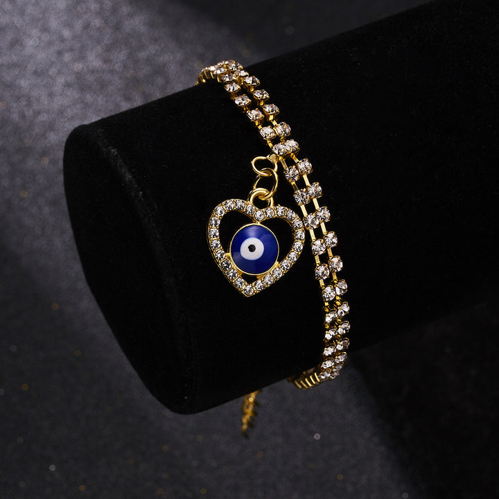Olivenorma Alloy Evil Eye Double Layer Full Diamond Bracelet - Heart Shaped Buckle Evil Eye - image 4