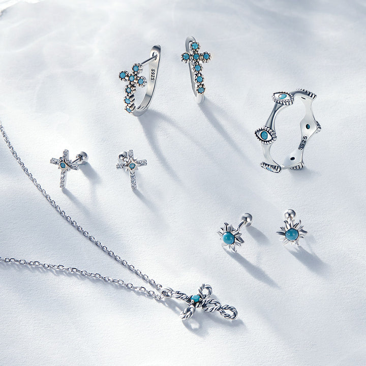 Olivenorma Turquoise Evil Eye Sun Cross Stud Ring Earrings - image 0