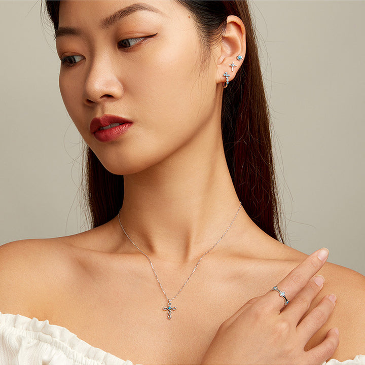 Olivenorma Turquoise Evil Eye Sun Cross Stud Ring Earrings - image 11