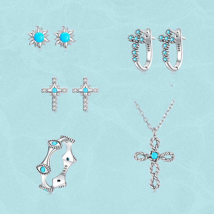 Olivenorma Turquoise Evil Eye Sun Cross Stud Ring Earrings - image 13