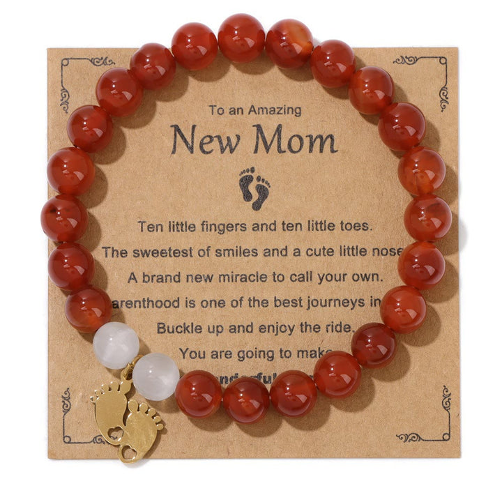 Olivenorma "New Mother" Gift Natural Stone Beaded Bracelet - Red Agate - Golden Footprint Pendant - image 7