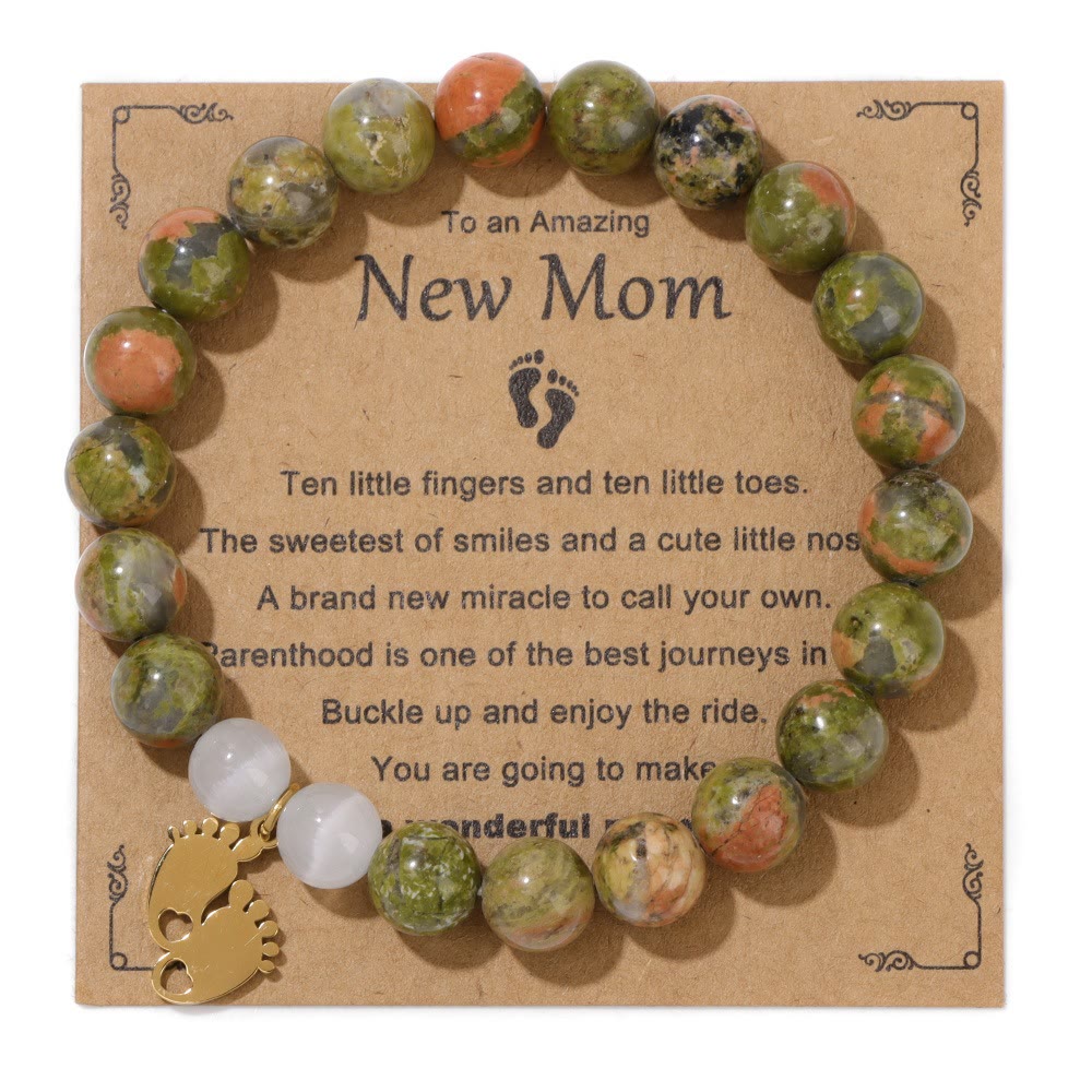 Olivenorma "New Mother" Gift Natural Stone Beaded Bracelet - Unakite - Golden Footprint Pendant - image 3