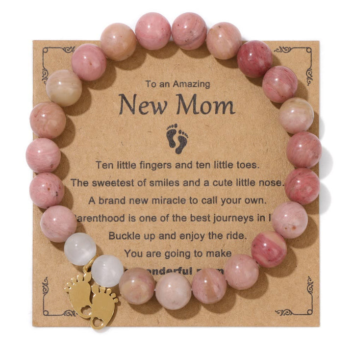 Olivenorma "New Mother" Gift Natural Stone Beaded Bracelet - Rhodochrosite - Golden Footprint Pendant - image 0