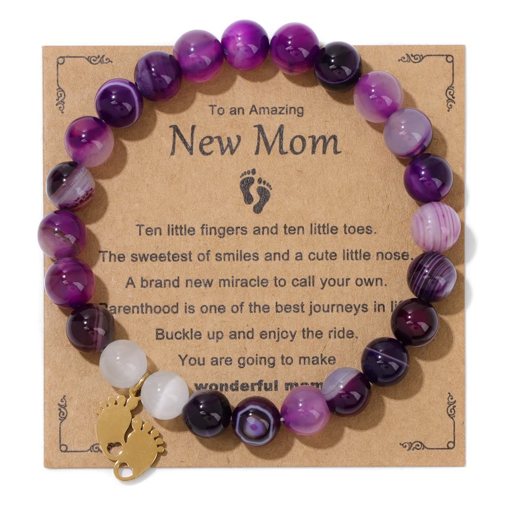 Olivenorma "New Mother" Gift Natural Stone Beaded Bracelet - Purple Agate - Golden Footprint Pendant - image 10