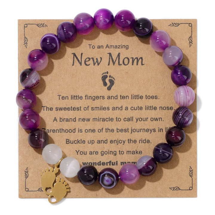 Olivenorma "New Mother" Gift Natural Stone Beaded Bracelet - Purple Agate - Golden Footprint Pendant - image 10