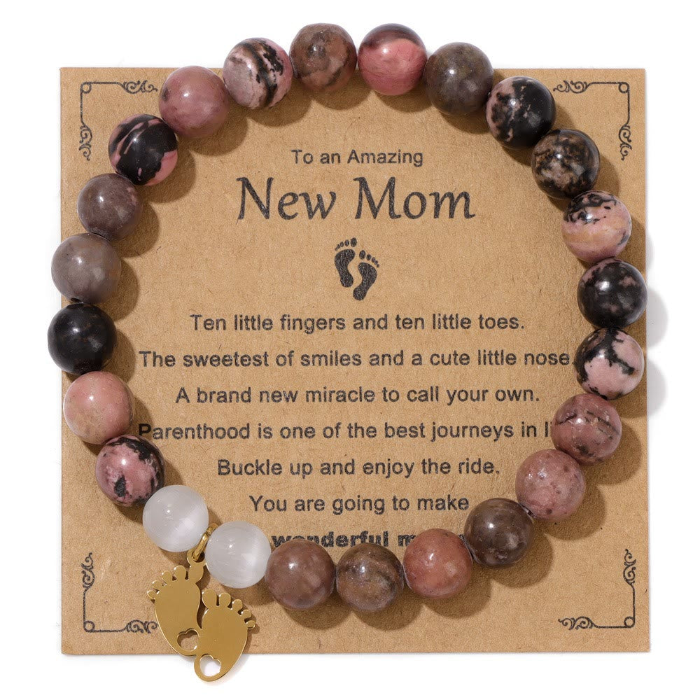 Olivenorma "New Mother" Gift Natural Stone Beaded Bracelet - Rhodonite - Golden Footprint Pendant - image 14