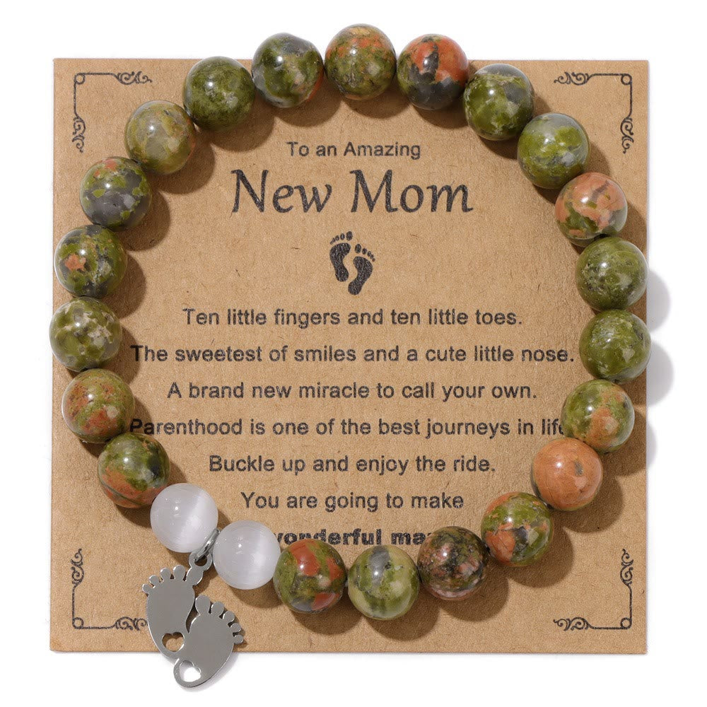 Olivenorma "New Mother" Gift Natural Stone Beaded Bracelet - Unakite - Silver Footprint Pendant - image 4