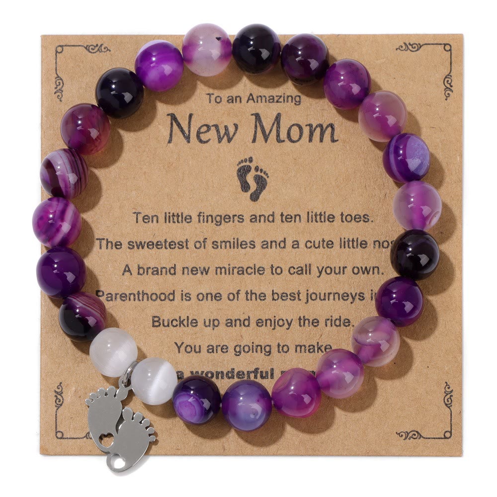 Olivenorma "New Mother" Gift Natural Stone Beaded Bracelet - Purple Agate - Silver Footprint Pendant - image 11