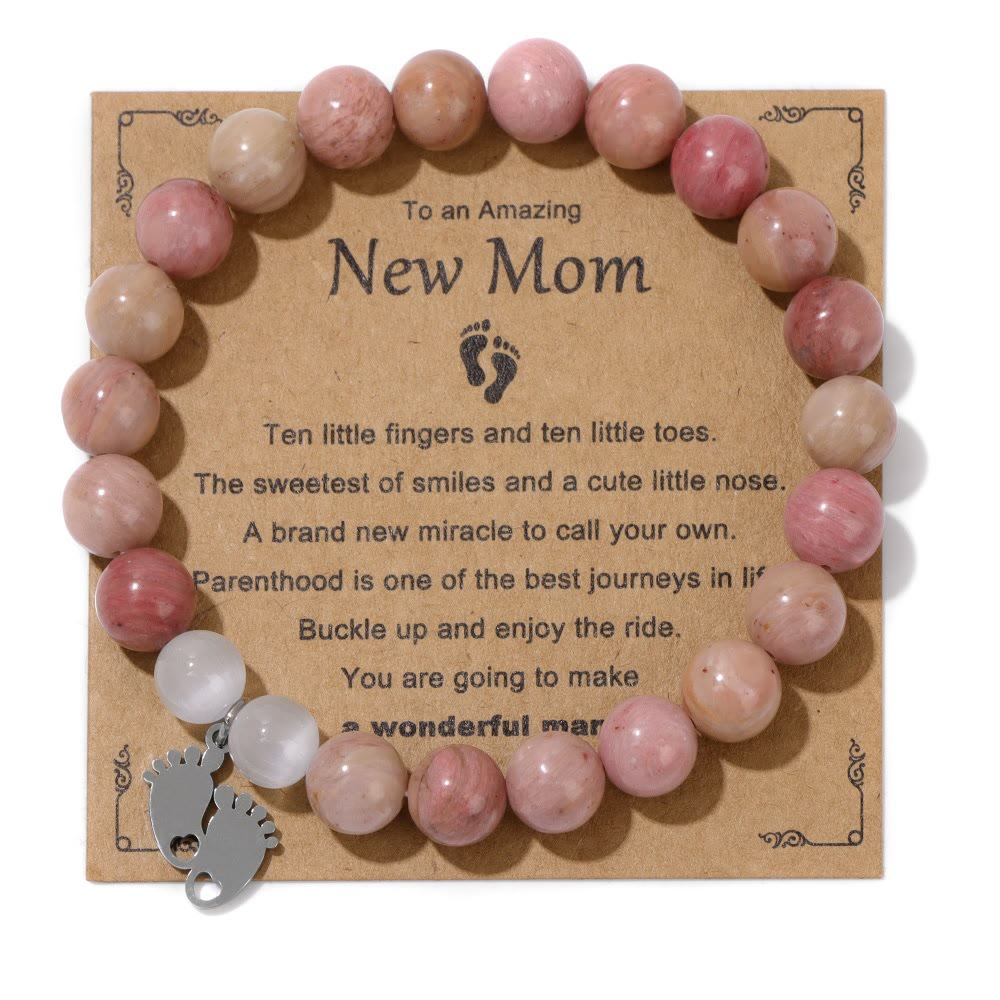Olivenorma "New Mother" Gift Natural Stone Beaded Bracelet - Rhodochrosite - Silver Footprint Pendant - image 1