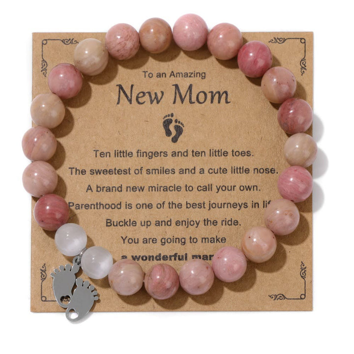 Olivenorma "New Mother" Gift Natural Stone Beaded Bracelet - Rhodochrosite - Silver Footprint Pendant - image 1
