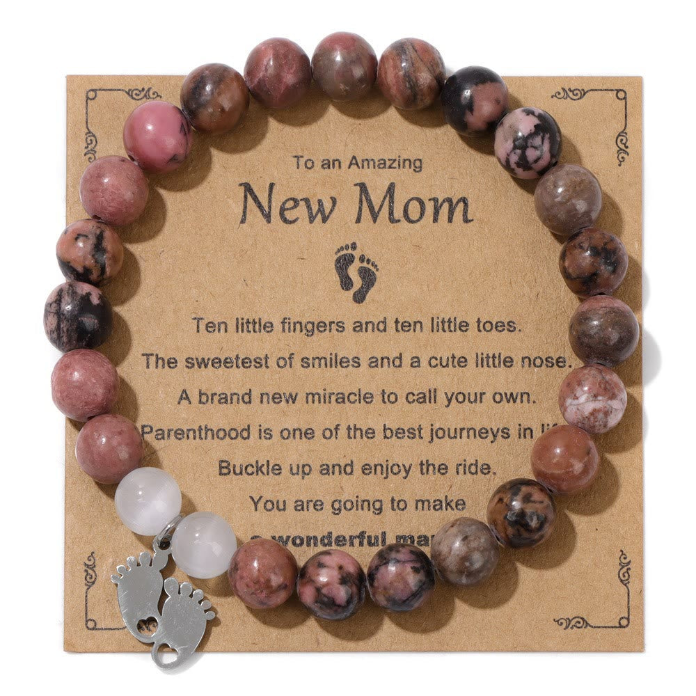 Olivenorma "New Mother" Gift Natural Stone Beaded Bracelet - Rhodonite - Silver Footprint Pendant - image 15