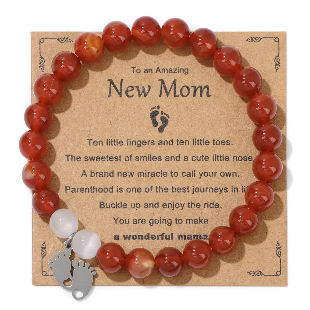 Olivenorma "New Mother" Gift Natural Stone Beaded Bracelet - Red Agate - Silver Footprint Pendant - image 8