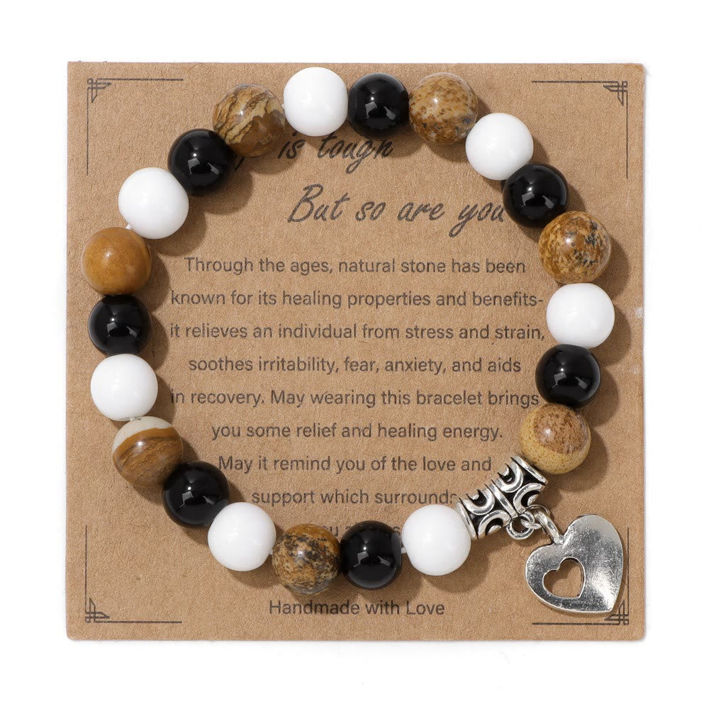 Olivenorma Natural Crystal Beaded Love Pendant Bracelet - Obsidian & White Jade & Picture Jasper - image 10