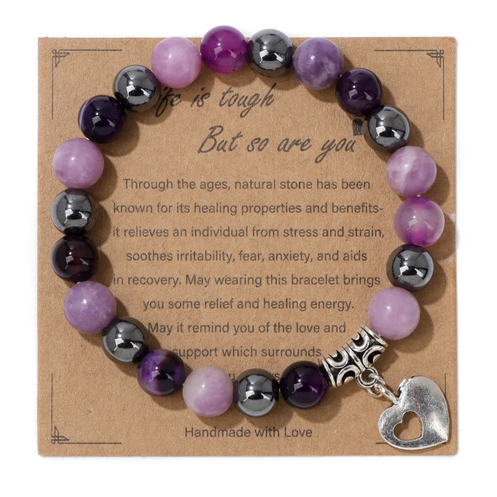 Olivenorma Natural Crystal Beaded Love Pendant Bracelet - Purple Jade & Purple Agate & Hematite - image 0