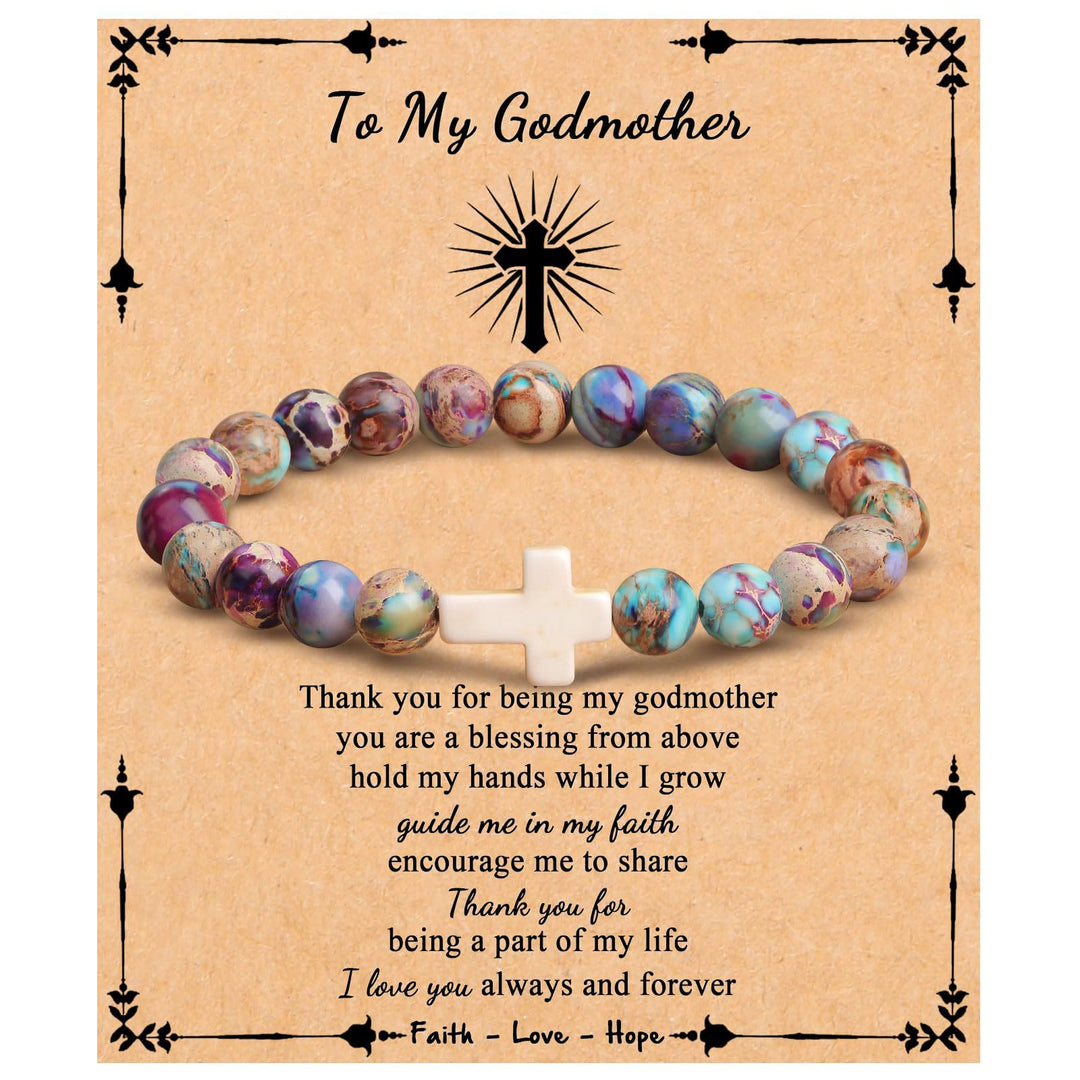 Olivenorma "To My Godmother" Natural Stone Beaded Cross Bracelet - Color Emperor Stone - image 0