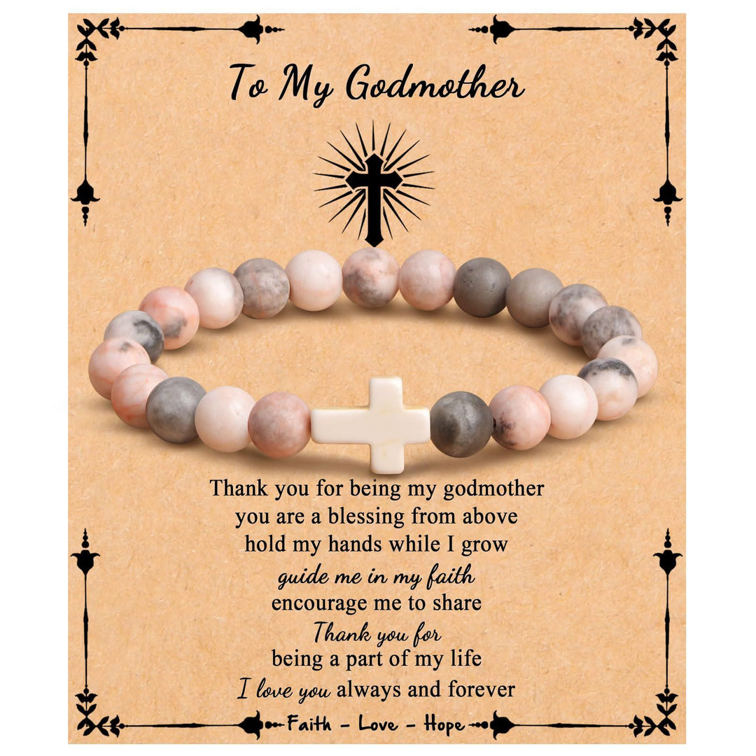 Olivenorma "To My Godmother" Natural Stone Beaded Cross Bracelet - Plum tourmaline - image 3