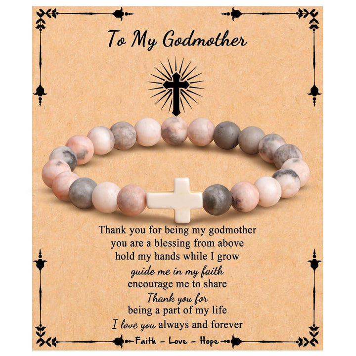 Olivenorma "To My Godmother" Natural Stone Beaded Cross Bracelet - Plum tourmaline - image 3